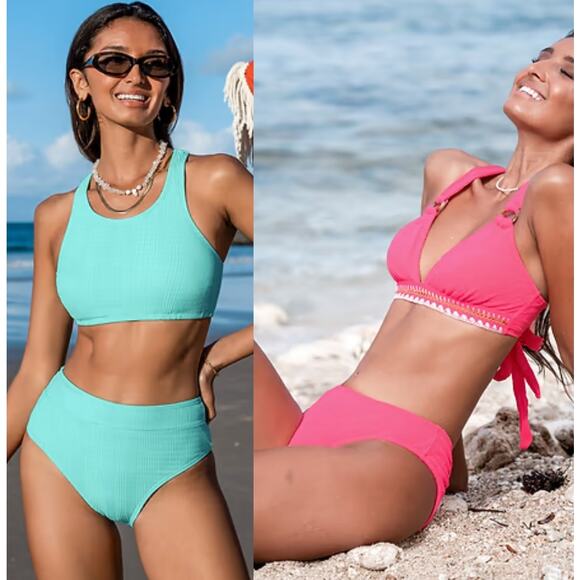 NWT Cupshe Two Piece Swimsuit Bikini Pink Crossback Bikini Swim BUNDLE Size M - Picture 1 of 7